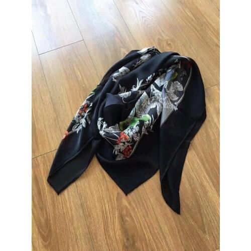 2019 new arrival brand black flower 100% chiffon silk scarf 140*140 cm square big shawl twill wrap for women lady gift