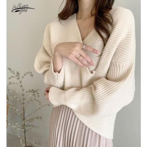 Womens Sweater Long-sleeved Warm Sweater Top Temperament Simple 2021 V-neck Loose Sweater Woman Autumn Winte Pure Elegant16060
