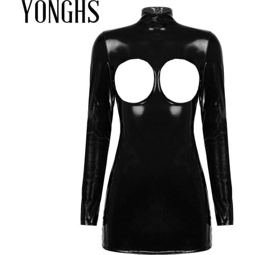 Womens Lingerie Open Cups Open Butt Mini Dress Bare Breast Erotic Costume Wet Look Patent Leather Zipper Sexy Leotard Bodysuit