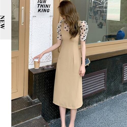 One-Piece French Elegant Dots Splicing Office Ladies Midi Dress Korean Vintage Puff Sleeve Women Dress 2021 Summer New Vestidos