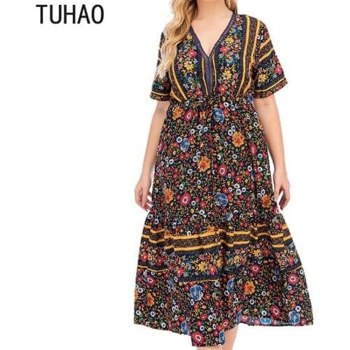 TUHAO Women Vintage Summer Dresses Plus Size 4XL 3XL Retro Womens Large Size Dress for mother mom clothing WM06