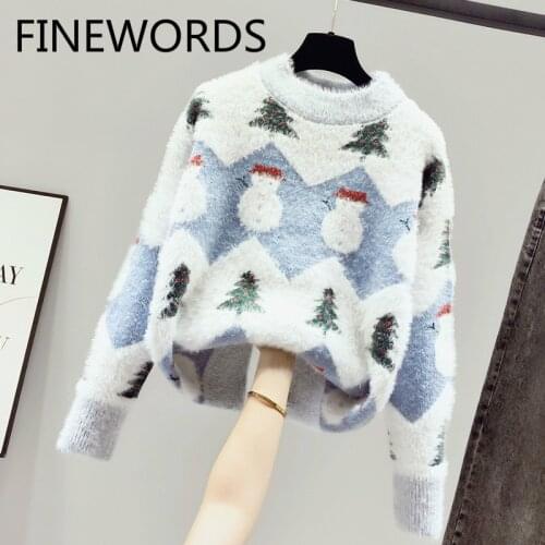 FINEWORDS Winter Santa Claus Christmas Sweater O Neck Kawaii Women Pullover 2020 Vintage Loose Knitted Sweater Casual Pull Femme
