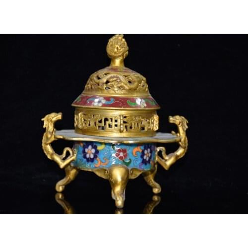 8"Chinese temple collection Old Bronze Cloisonne Enamel Dragon statue Double Dragon Ear Three-legged incense burner Ornaments