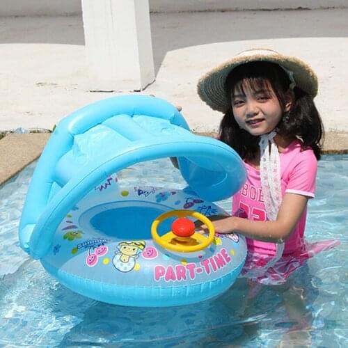 Baby Infant Float Pool Swimming Ring Inflatable Circle Baby Seat with Steering Wheel Summer Beach Party Pool Toys with Sunshade