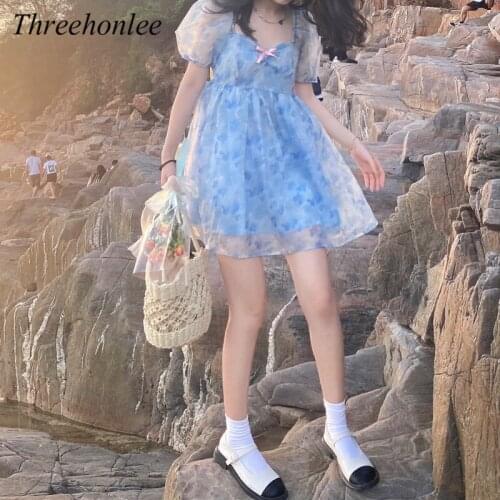 France Summer Women Dresses Vintage Square Collar Bow Kawaii Puff Sleeve Elegant Floral Blue Princess Female Dresses Vestidos