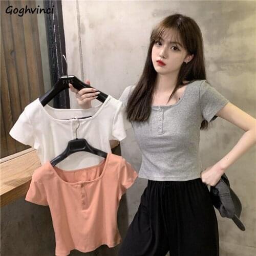 Short Sleeve T-shirts Women Slim Summer Crop Tops for Female Solid Tee Korean Style High Quality Square Collar Streetwear Simple