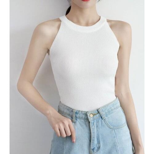 HELIAR Women Round Neck Tank Top Knitted Off Shoulder Tops Female O-Neck Streetwear Tee Solid Basic Tops For Women Summer