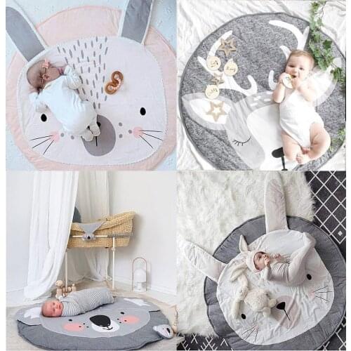 Ins Play Mat Cartoon Animal Baby Mat Infant Crawling Blanket Cotton Round Floor Carpet Rugs Mat for Kids Room Nursery Decor