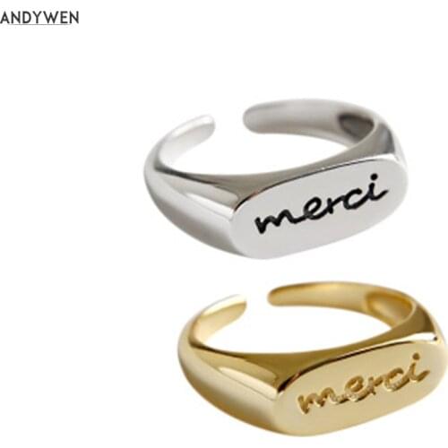 ANDYWEN 925 Sterling Silver Gold Merci Resizable Rings 2020 Fashion Crystal Luxury Adjustable Rock Punk European France Jewelry