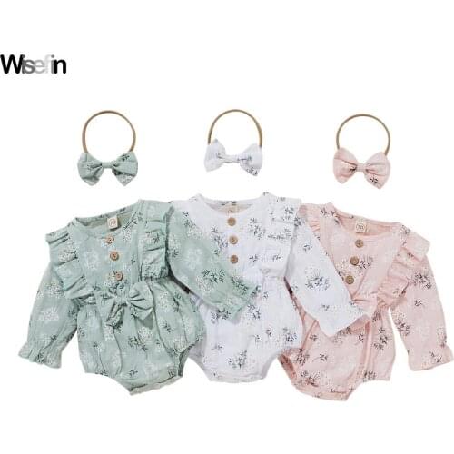 Baby Girls Romper Playsuit 2021 Newborn Infant Spring Clothes Ruffle Long Sleeve Round Neck Floral Jumpsuit Headband Outfit D30