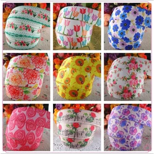 18092726, 1" 25mm 50 yards flowers printed grosgrain ribbons DIY hair bows handmade materials
