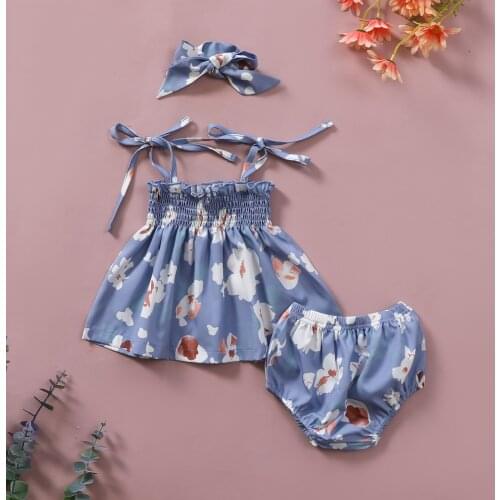 3Pcs Toddler Summer Outfits, Floral Strappy Tank Tops + Elastic Waist Pantie + Hairband for Baby Girls, 0-18 Months