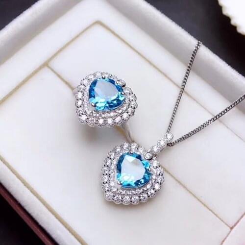 Fashion Romantic heart Natural blue topaz gem Ring Pendant Natural Gemstone Jewelry Set 925 Silver Women party gift jewelry