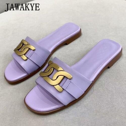 Multicolor Metal Buckle Decor Slides Women Slippers Casual One Strap Open Toe Flat Mules Real Leather Beach Dress Flipflops New