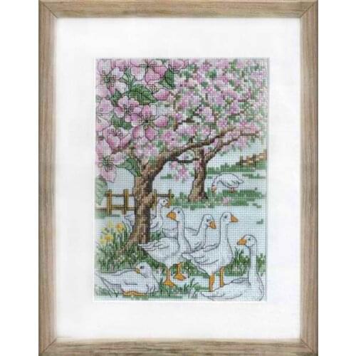 Gold Collection Counted Cross Stitch Kit Spring Geese Goose and Pink Flower Flowers Apple Tree