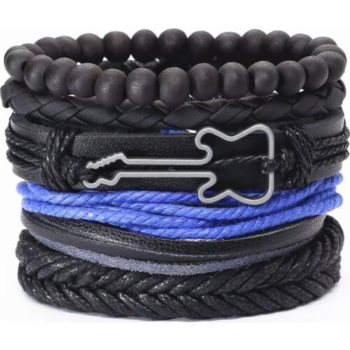 New 5 Pcs/set Punk Vintage Lizard Guitar Charm Multi-layer Blue Leather Bracelets Men Women Femme Homme Wrap Male Jewelry
