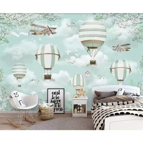 Customized child room background wall 3d wallpaper blue sky white clouds hot air balloon plane animal puppy wallpaper