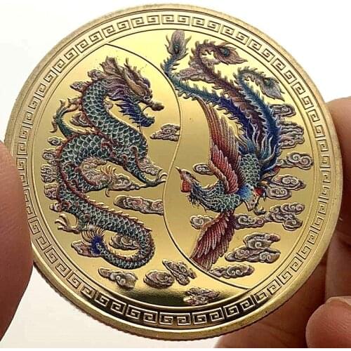 2021 Chinese Traditional Prosperity Brought by the Dragon and Phoenix Gold Silver Plated 45*3mm Commemorative Coin