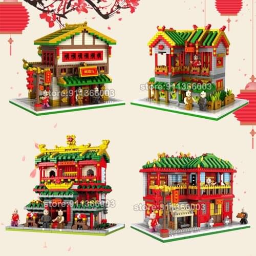 PZX Diamond Architecture Model Set Chinatown Micro Mini Blocks Silk Shop Brothel Martial Tavern Hall Building Blocks Set 1800Pcs