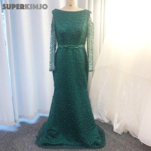 SuperKimJo Hunter Green Beaded Evening Dresses Long Sleeve Peals Mermaid Luxury Elegant Evening Gown Vestido De Longo 2020