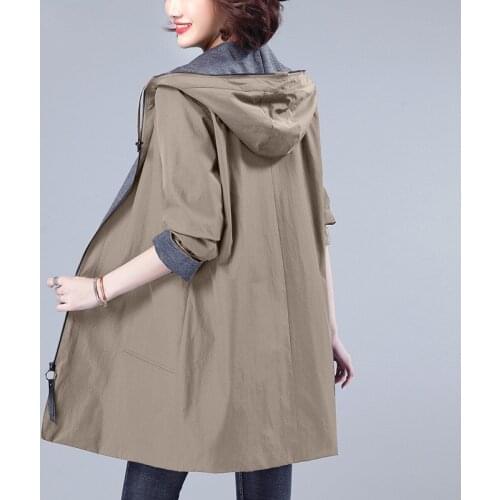Female Windbreaker 2021 New Spring Autumn Middle-aged Mother Loose Long-sleeved Cotton Trench Coat Hooded Womens Casual Outwear