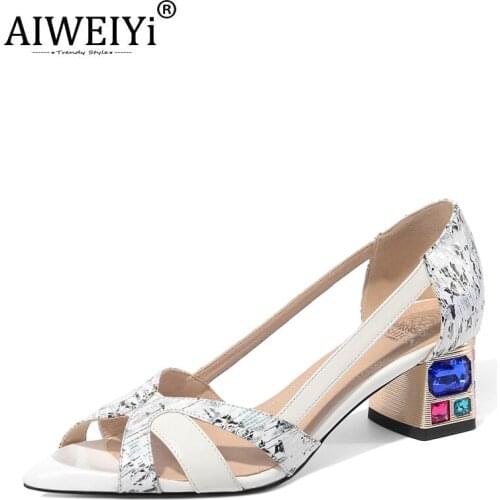 AIWEIYi Open Toe Shoes Women Thick Heel Summer High Heels Rhinestone Mid Heel Women Sandals Genuine Leather Shoes