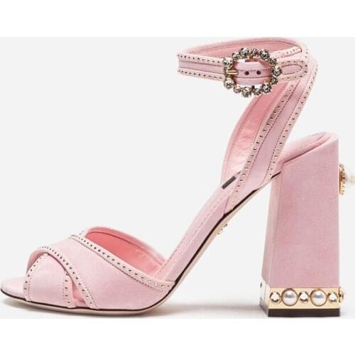 2019 Newest fashion designer shoes women pearl sandals peep toe square heel pumps chic crystal high heels catwalk shoes