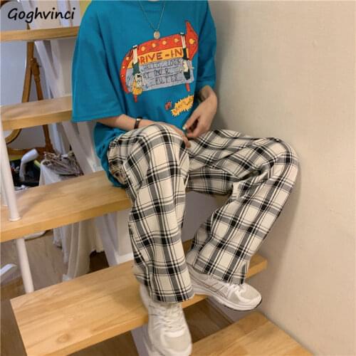 Women casual pants plaid vintage loose retro high waist elastic korean style ins all-match chic wide-leg trousers teens leisure