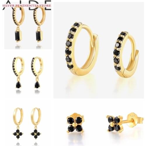 AIDE 925 Sterling Silver Hanging Hoop Earrings For Woman Kolczyki Damskie Bling Black Zircon Earring Party Gift Charm Jewelry