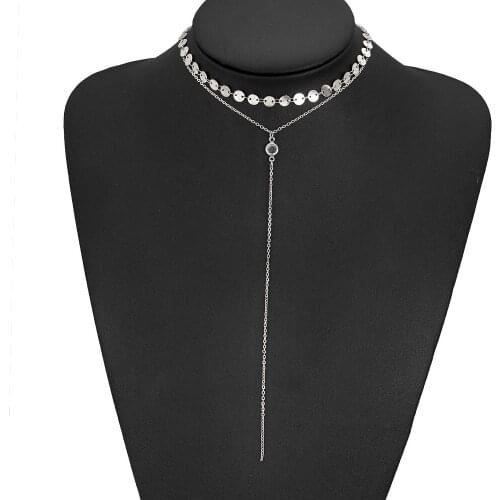 Gold Color Silver Plated Sequins Chokers Crystal Charm Pendant Long Tassel Double Layers Necklaces For Women Jewelry Accessories