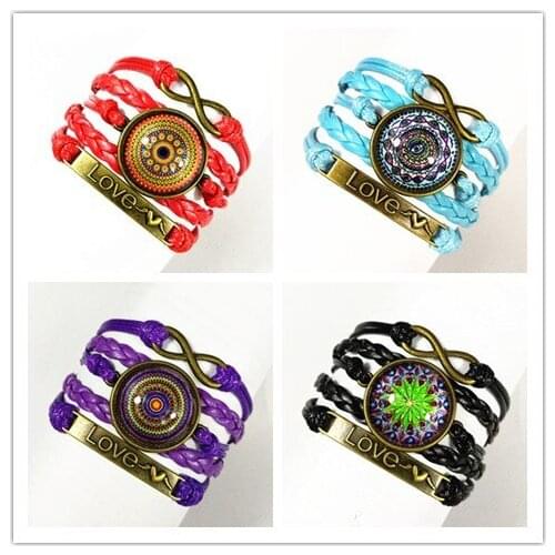 1pc (12styles) Infinity Love Mandala Flower Bandanna Paisley hand chain Glass Ancient Bronze Charm bracelet for girls women