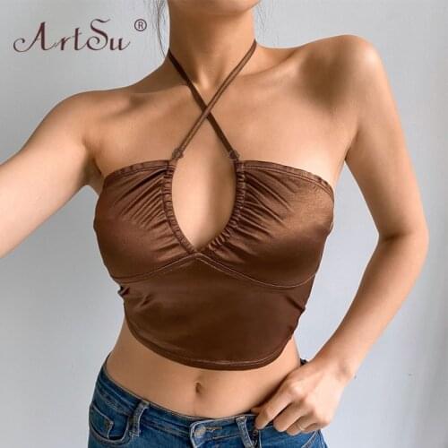 ArtSu Y2K Aesthetic Satin Halter Tops Women Brown Fashion 90s Girls Sexy Crop Top Summer 2021 Streetwear Tank Tops