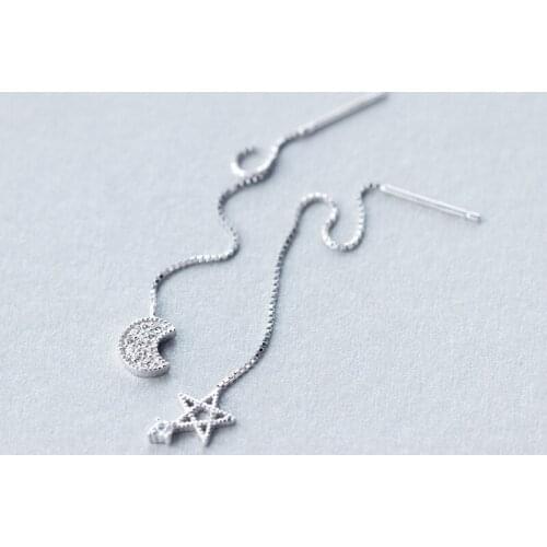 Asymmetry jewelry real. 925-STERLING-SILVER crescent moon Star threader Earrings Dangle Pull Thought chain Dangle GTLE775
