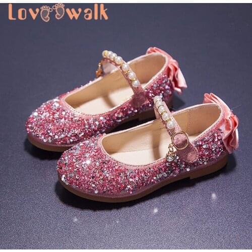 Kids Flats Big Girl Shoes Fashion Pearls Dance Ballet Shoes Soft Children Princess Party Girls Sequin Shoes With Back Bowtie