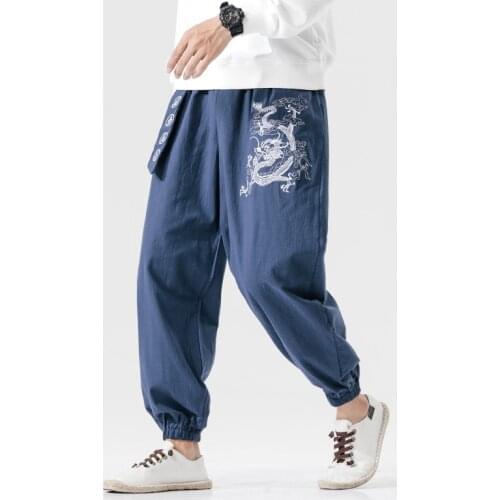 Mens Dragon Embroidery Trousers Korean Style Casual Harem Pants Men 2021 Autumn With Belt Loose Oversize Man Pants