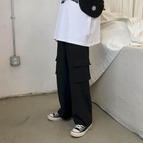 Spring and summer mens trousers Japanese overalls loose straight-leg Hong Kong style all-match mens pants wide-leg pants