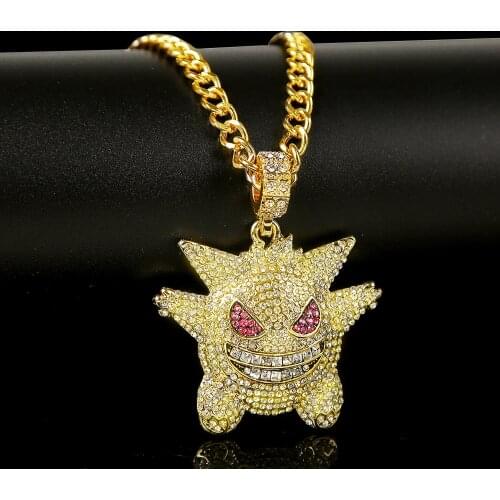 Men and Women Crystal Pendant Necklace Cartoon Character Elf Love Punk Hip Hop Full Rhinestone Gold Color Necklace Party Jewelry