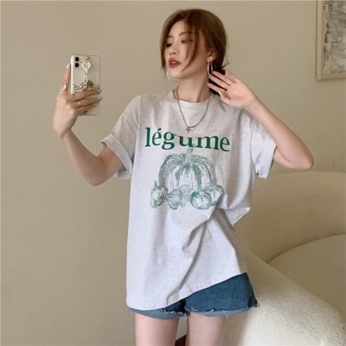 Retro pumpkin print T loose round neck half sleeve bottoming shirt women white loose loose t-shirt women