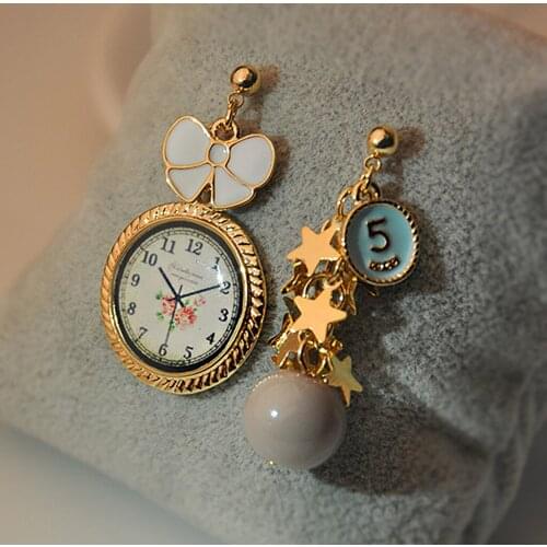 Hypoallergenic Bowknot Asymmetrical Hour Watch Cute Earrings Pendant Ear Long Chain for Women Girls Jewelry