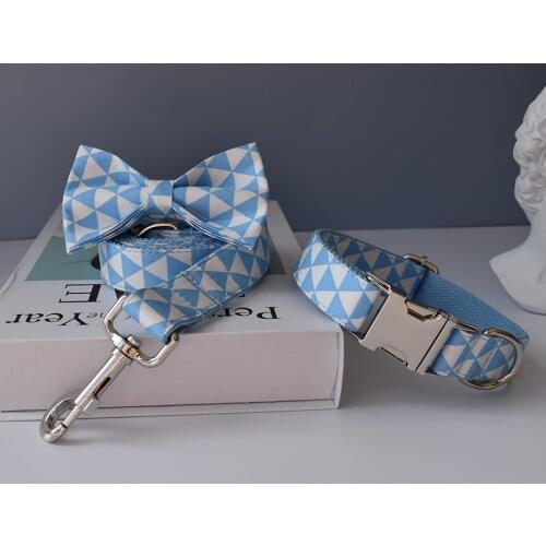 Blue triangle design Collar Personalized Cotton Quality Fabric For Small, Medium Large Dog Custom Metal Parts Pet Accessory