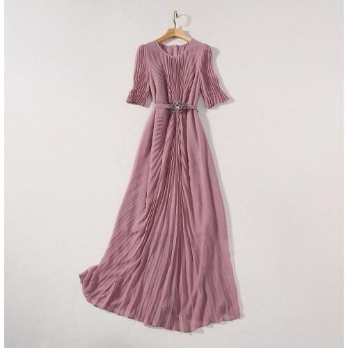 And American womens European clothing 2021 summer new style Five-quarter sleeve flower belt Fashionable pleated dress