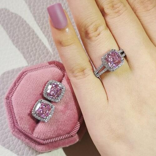 2pcs Pack 925 Sterling Silver Jewelry set halo Engagement ring round stud earring for Wedding christmas gift party J4934-PINK
