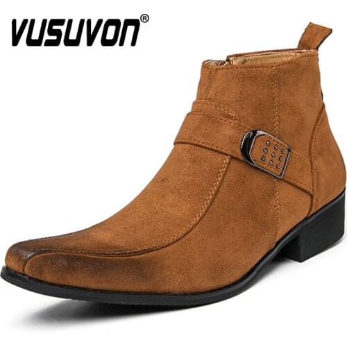 Leather Boots Men Retro Suede Formal Office Wedding Boots Comfortable Brown Buckle Strap Cowboy Ankle Boots Plus Size 39-45