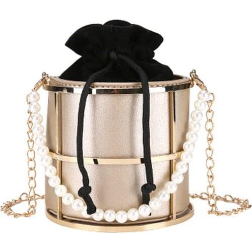 Fashion women bucket bags designer luxury pearls beaded handle women handbags chain shoulder crossbody bags evening clutch purse