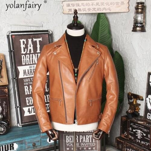 100% Cowhide Genuine Leather Jacket Men 2021 Spring Autumn Leather Coat Brown Biker Motorcycle Jacket Men Clothing KJ6528