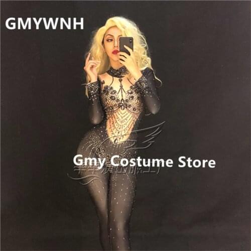 R84 Black female pole dance costumes Glass drill bodysuit sexy singer wears jumpsuit ballroom dress outfits bar club show clothe