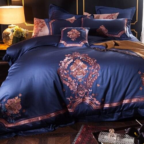 Luxury blue Solid 100S Egyptian cotton Embroidery Bedding sets Queen King Royal Duvet cover Bed sheet set Pillowcases 4/6pcs