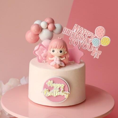 Pink Cartoon Girls Happy Birthday Cake Decoration For Kid Baby Happy Party Celebrate Lovely Gifts Dessert Cake Topper Supplies