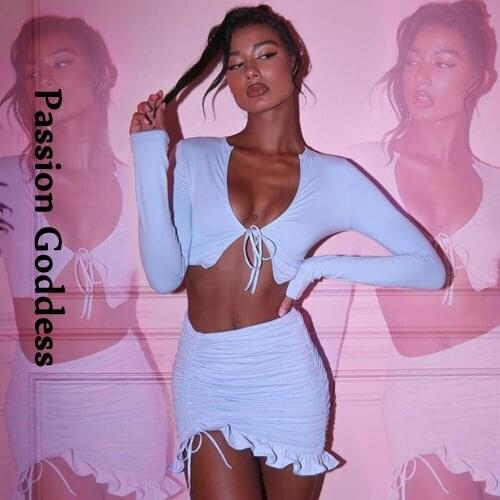 Sexy Women Party 2 Piece Sets Long Sleeve Bandage Knotted Tie Crop Shirts Drawstring Ruffles Bodycon Skirts Two Piece Suits 2020