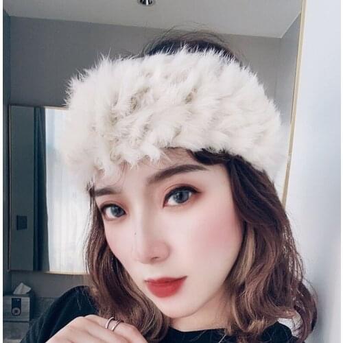 Retro Real Rabbit Fur Wide Hairdband Women Winter Headware Warm Fur Straw Hat Soft Brim Plush Headband Hari Accessories for Girl